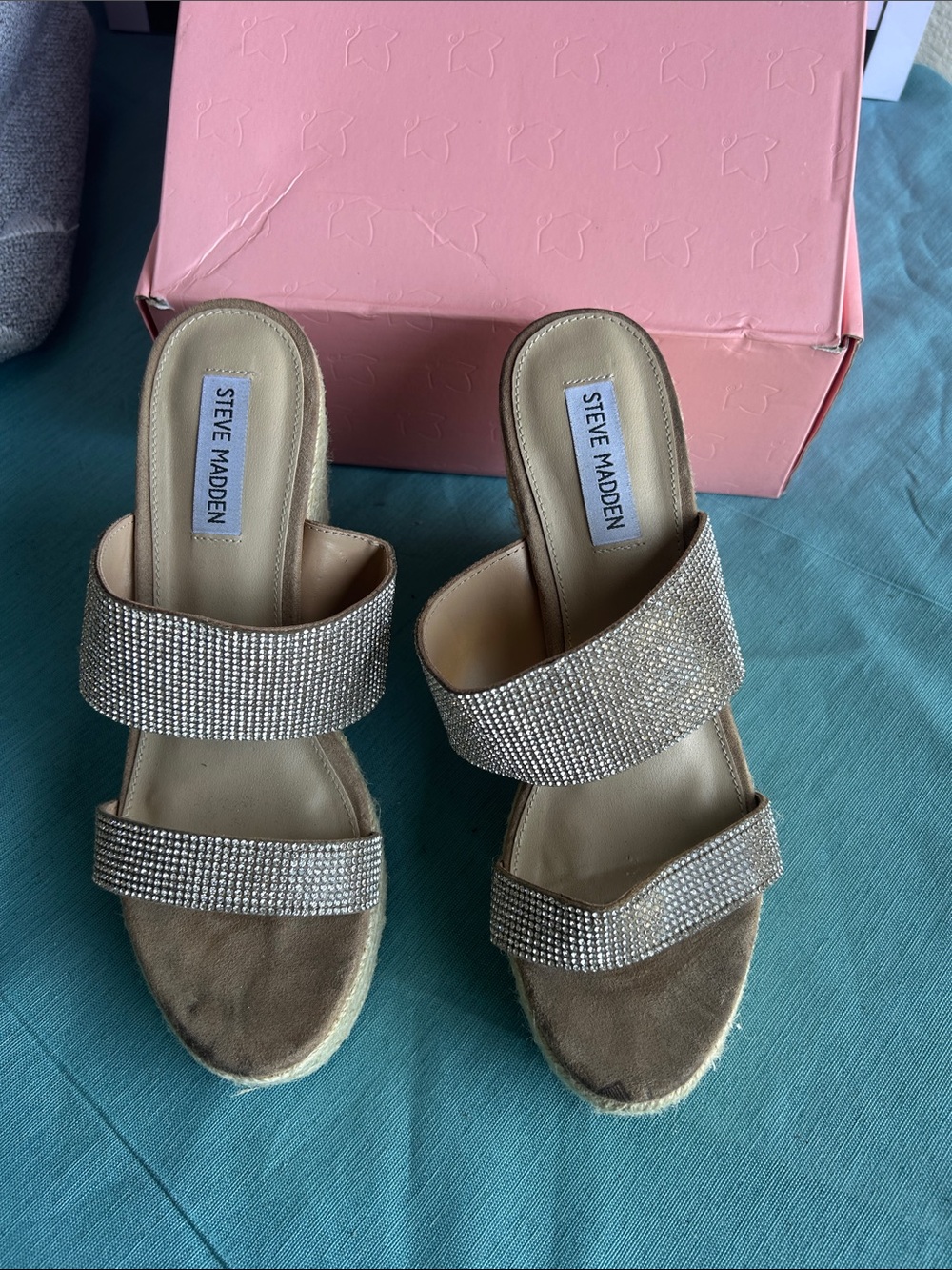 Steve Madden Champagne Rhinestone Double-Strap Slide Mules